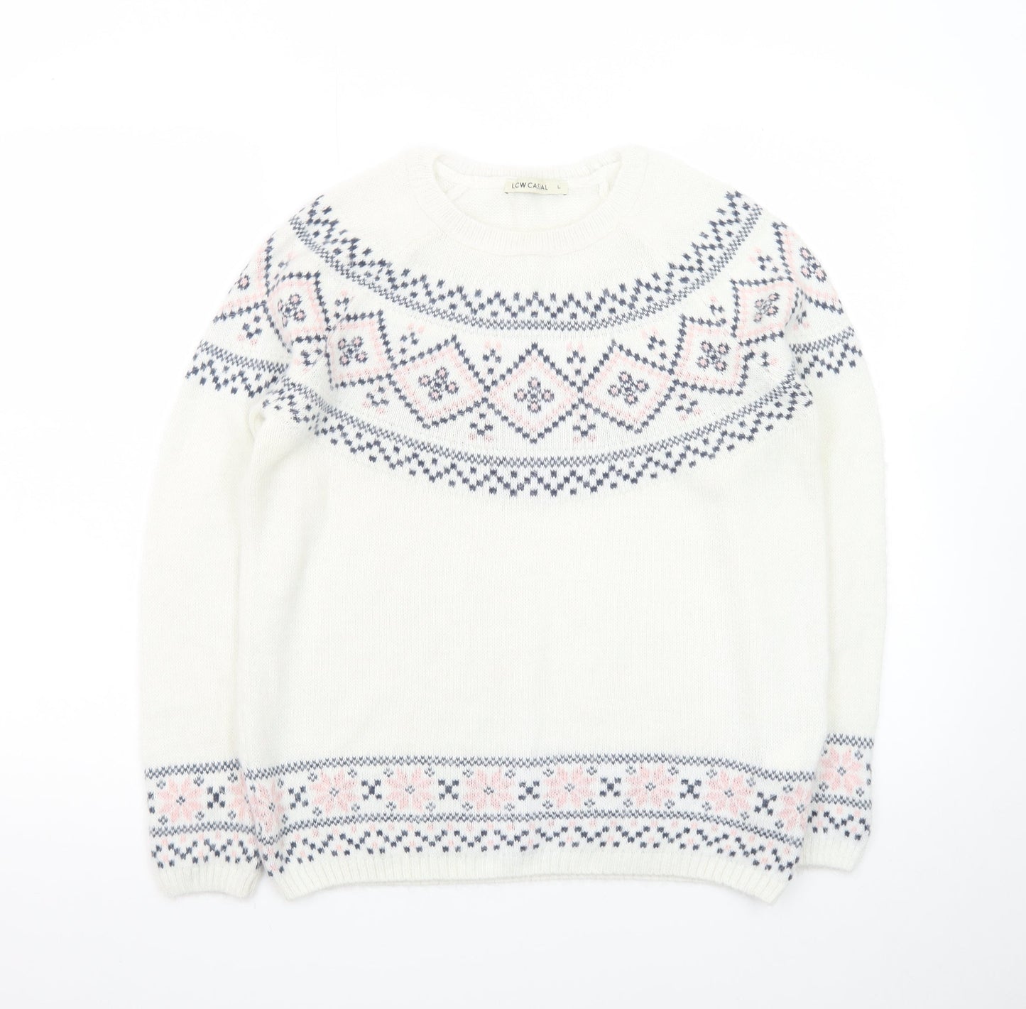 LCW Casual Women White Fair Isle Knit Jumper L Winter Pullover