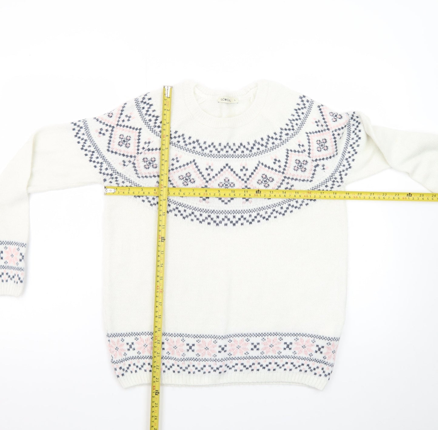 LCW Casual Women White Fair Isle Knit Jumper L Winter Pullover