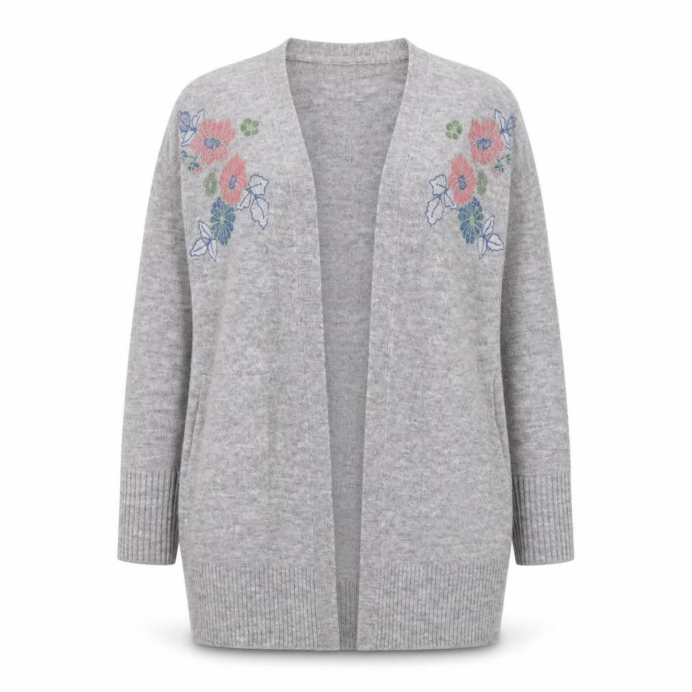Cortefiel Women Grey Wool Blend Embroidered Cardigan Size 10