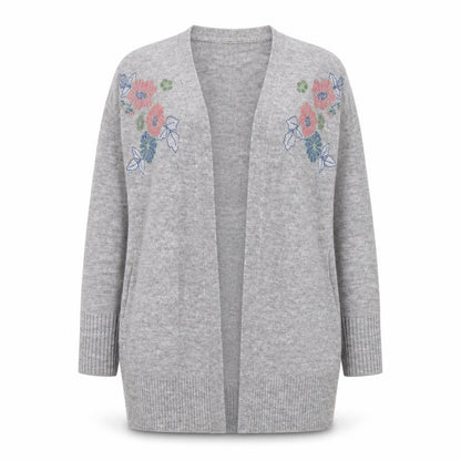 Cortefiel Women Grey Wool Blend Embroidered Cardigan Size 10