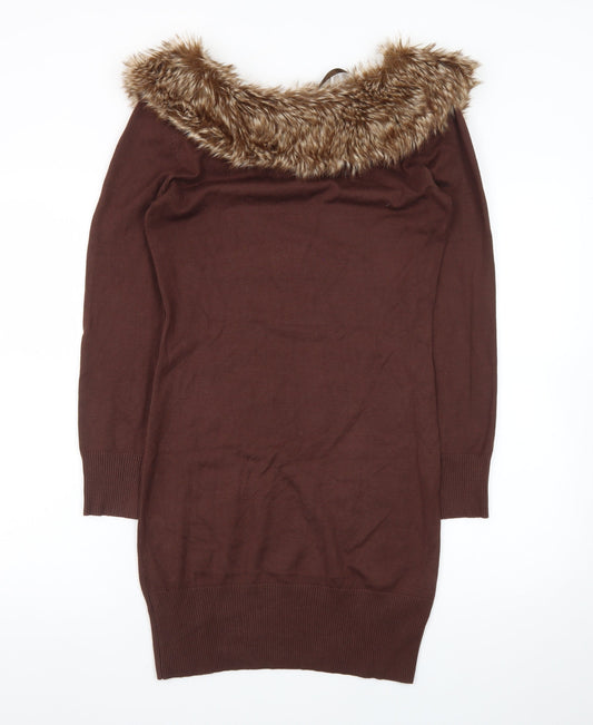 Melrose Women Brown Size 12 Fur Trim Knit Bodycon Dress