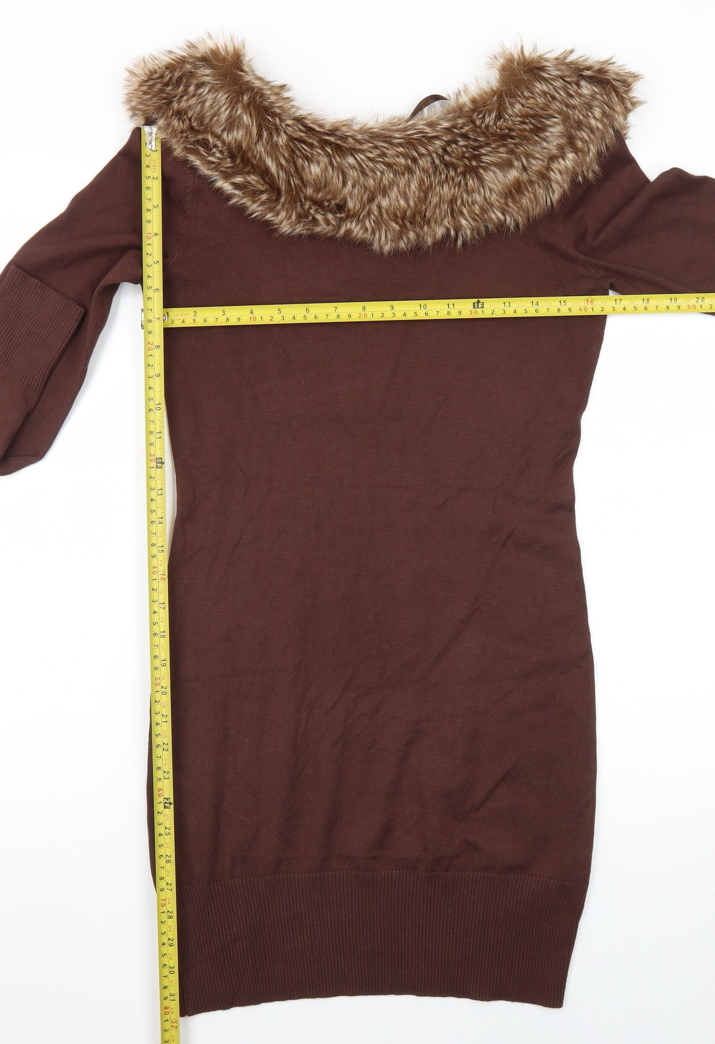 Melrose Women Brown Size 12 Fur Trim Knit Bodycon Dress