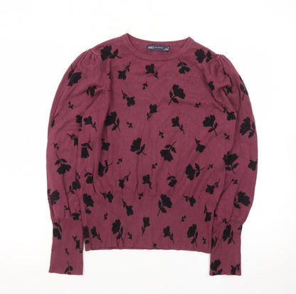 Marks and Spencer Women's Purple Floral Knit Jumper Size 10