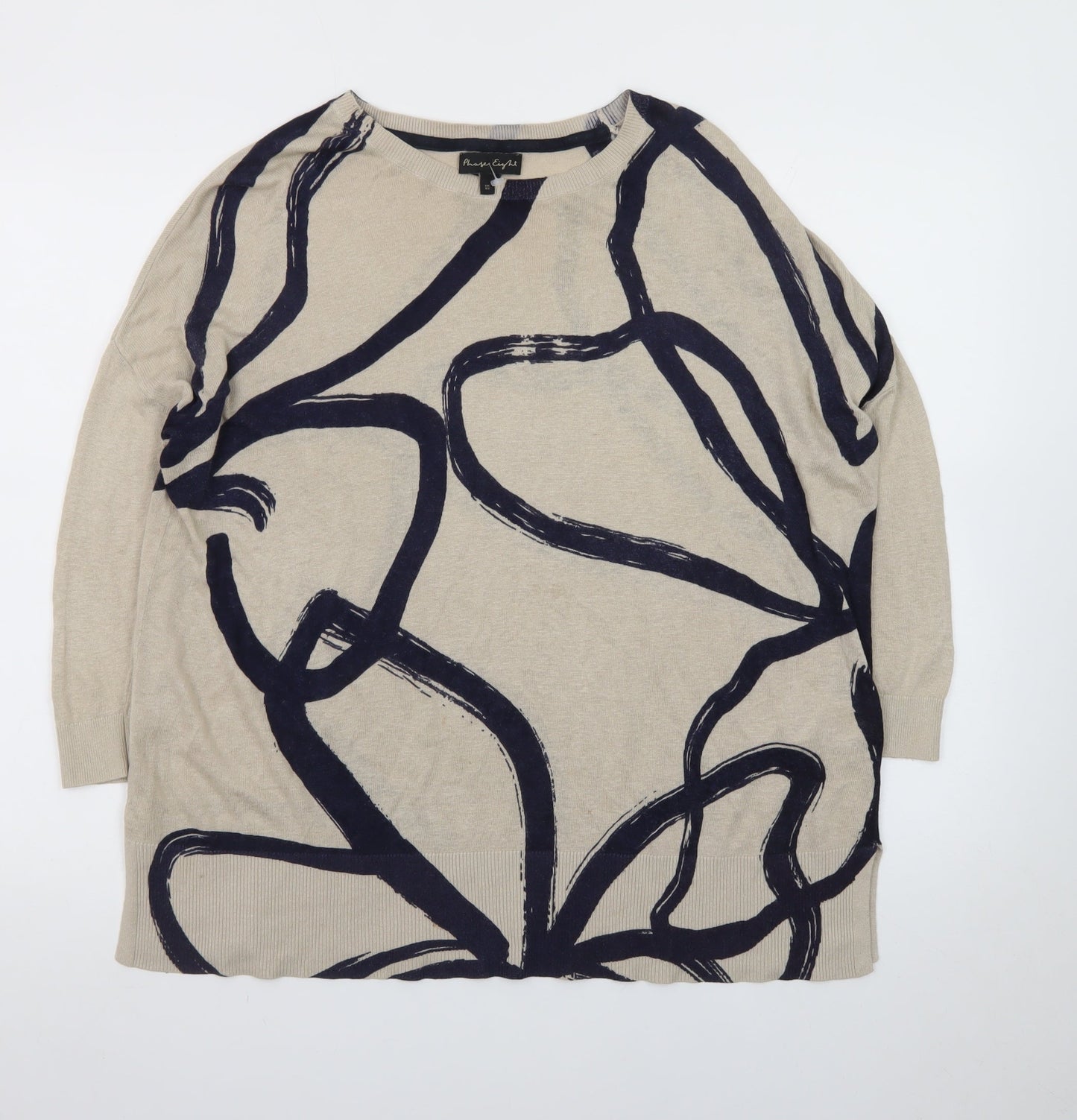 Phase Eight Women Beige Navy Abstract Linen Blend Pullover XS Jumper