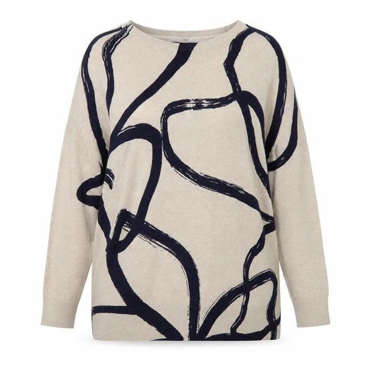 Phase Eight Women Beige Navy Abstract Linen Blend Pullover XS Jumper