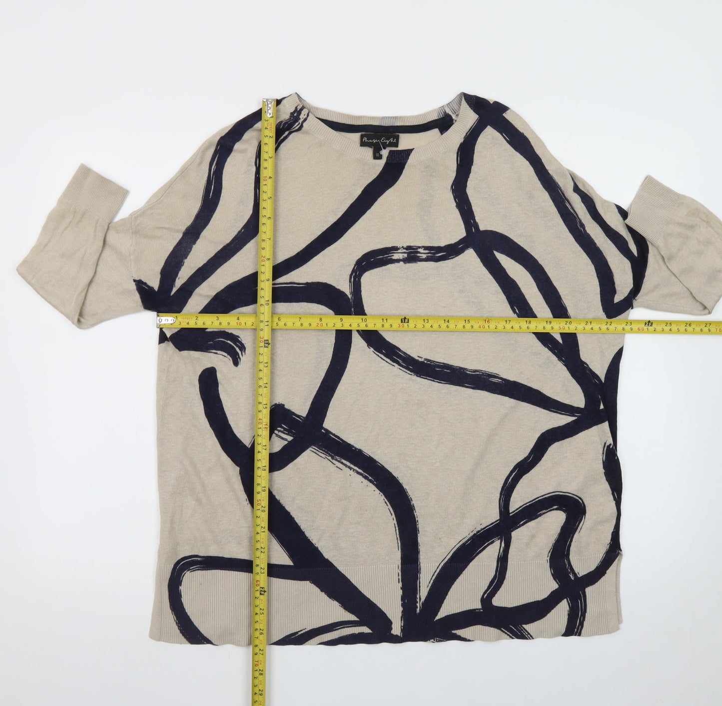 Phase Eight Women Beige Navy Abstract Linen Blend Pullover XS Jumper
