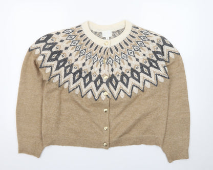 H&M Women Beige Geometric Knit Cardigan L Winter Wool Blend