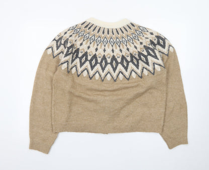 H&M Women Beige Geometric Knit Cardigan L Winter Wool Blend