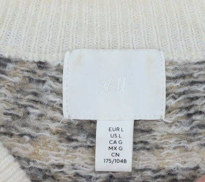 H&M Women Beige Geometric Knit Cardigan L Winter Wool Blend