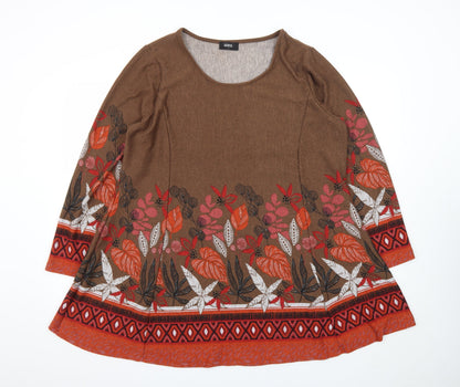 Klass Women Brown Floral A-Line Knit Dress L Long Sleeve Autumn