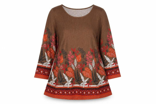 Klass Women Brown Floral A-Line Knit Dress L Long Sleeve Autumn