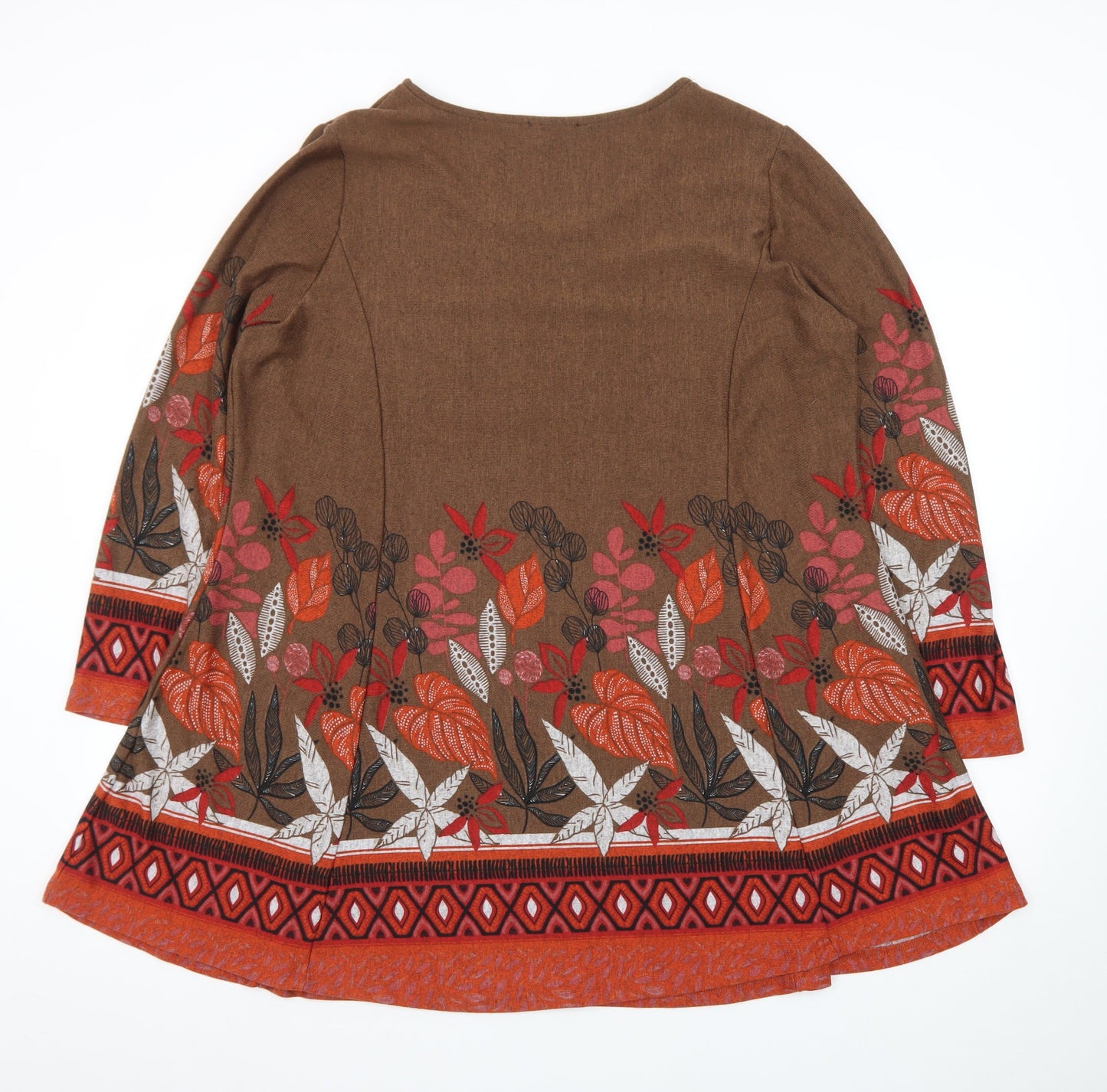 Klass Women Brown Floral A-Line Knit Dress L Long Sleeve Autumn