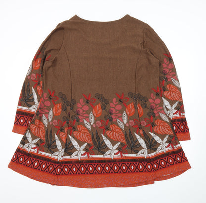 Klass Women Brown Floral A-Line Knit Dress L Long Sleeve Autumn