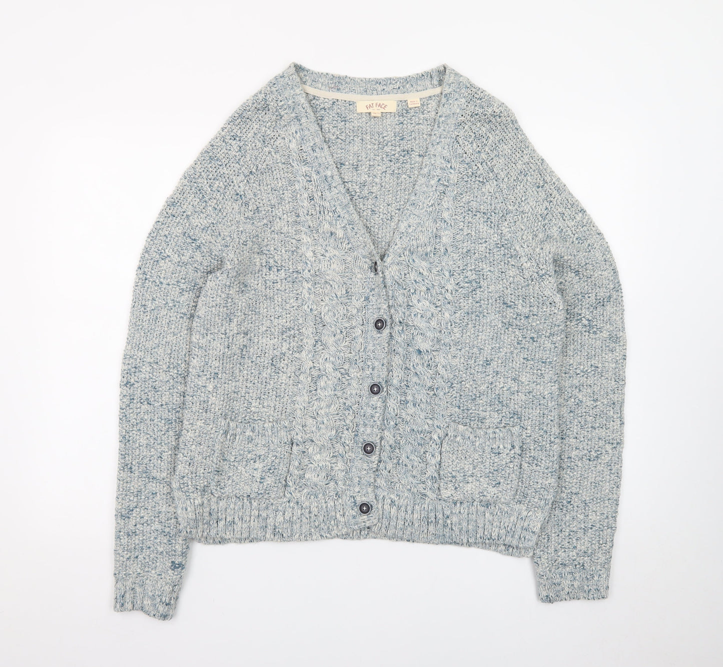 Fat Face Women Blue Cotton Cable-Knit Button Cardigan Size 14
