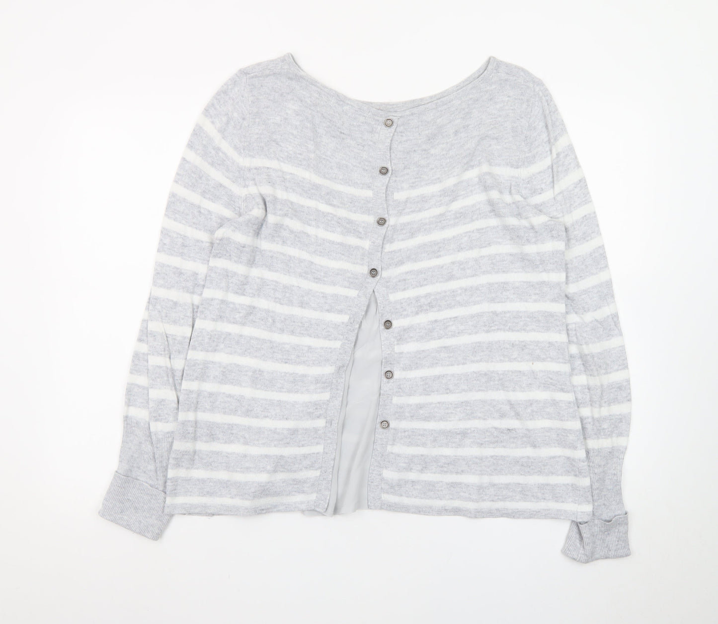 Mint Velvet Women's Grey Striped Crew Neck Button Cardigan Size 14