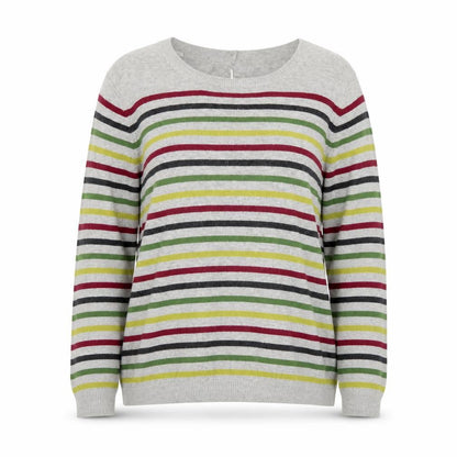 Laura Ashley Women Grey Striped Crew Neck Cotton Cashmere Cardigan Size 16