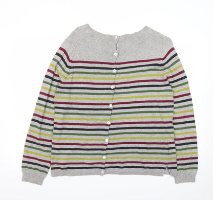 Laura Ashley Women Grey Striped Crew Neck Cotton Cashmere Cardigan Size 16
