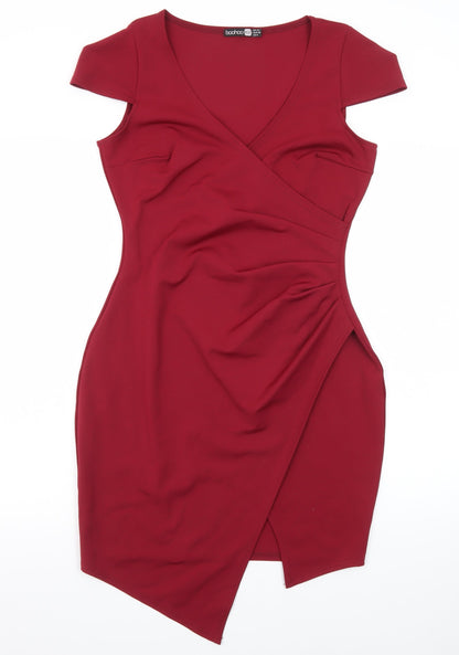 Boohoo Women Red Size 12 Bodycon Short Sleeve V-Neck Party Dress
