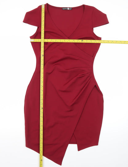 Boohoo Women Red Size 12 Bodycon Short Sleeve V-Neck Party Dress