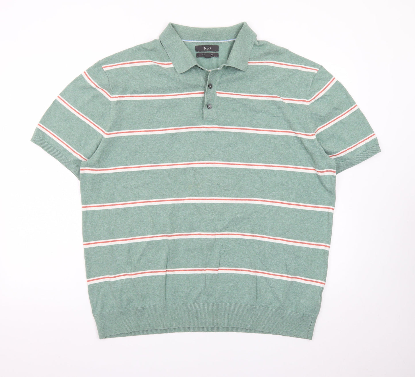 Marks and Spencer Men’s Green Striped Cotton Polo Shirt 2XL Regular Fit