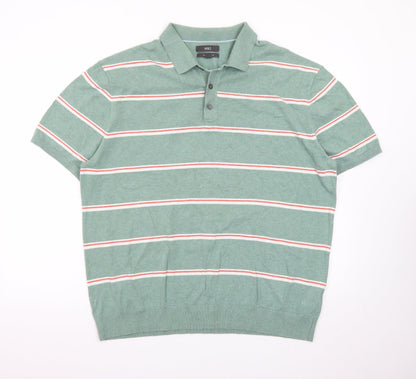 Marks and Spencer Men’s Green Striped Cotton Polo Shirt 2XL Regular Fit