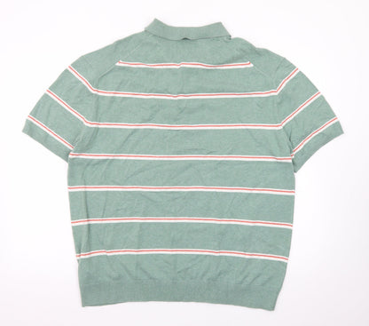 Marks and Spencer Men’s Green Striped Cotton Polo Shirt 2XL Regular Fit