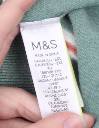Marks and Spencer Men’s Green Striped Cotton Polo Shirt 2XL Regular Fit