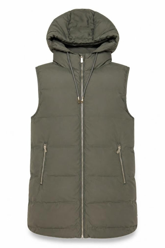 Zara Women's Green Long Hooded Puffer Waistcoat Size 14
