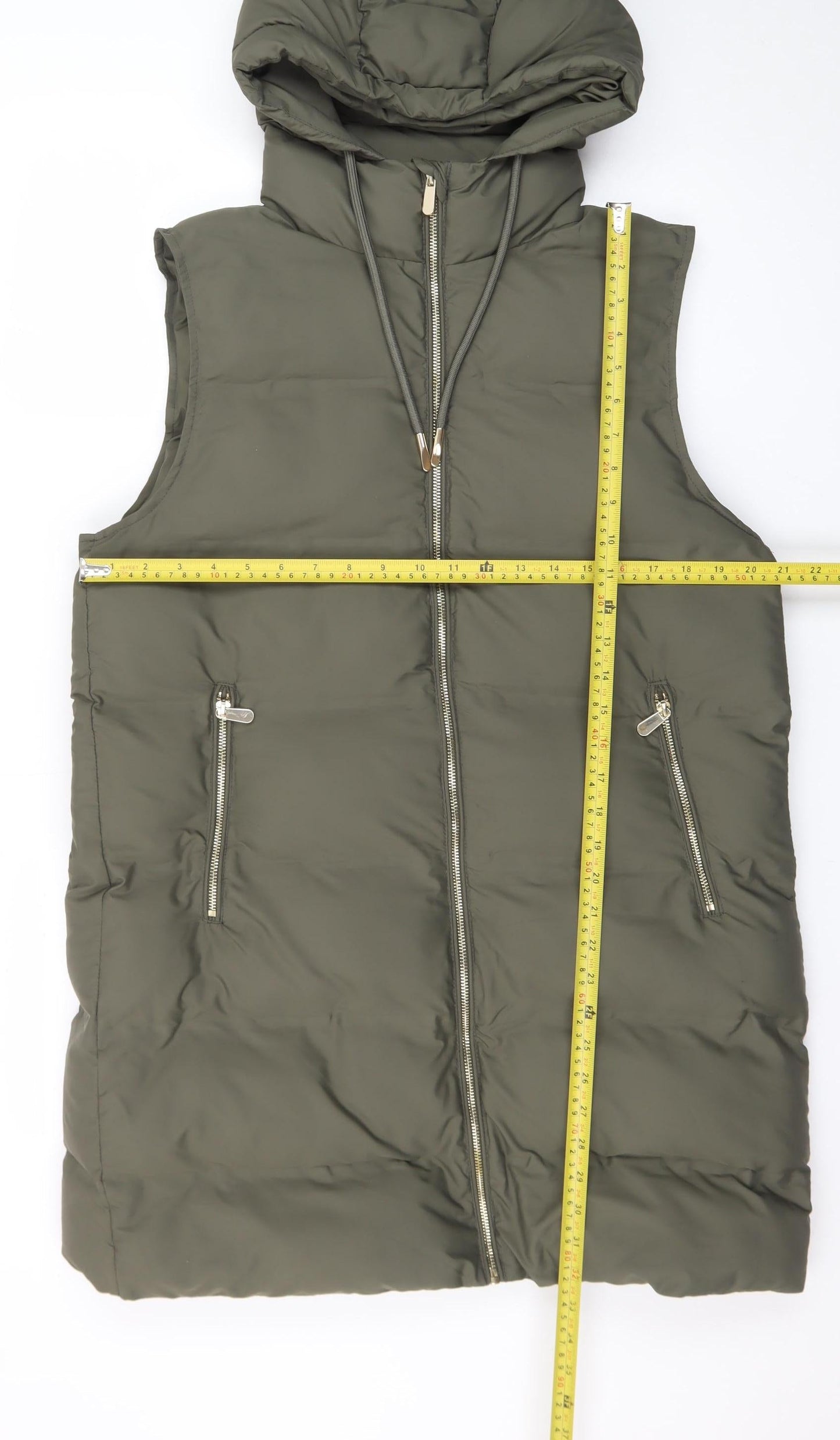 Zara Women's Green Long Hooded Puffer Waistcoat Size 14