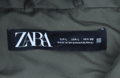 Zara Women's Green Long Hooded Puffer Waistcoat Size 14