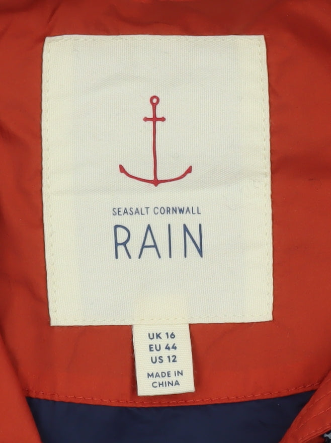Seasalt Cornwall Womens Orange Waterproof Rain Coat Size 16 Hooded Long