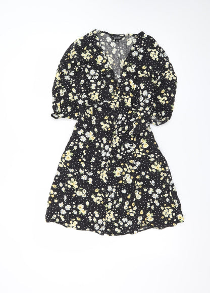 Miss Selfridge Women's Black Floral Wrap Short Dress Size 10