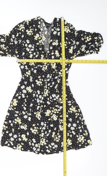 Miss Selfridge Women's Black Floral Wrap Short Dress Size 10