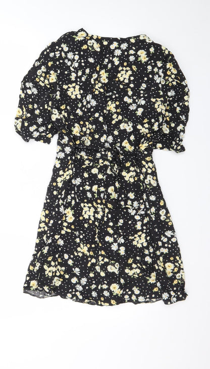Miss Selfridge Women's Black Floral Wrap Short Dress Size 10