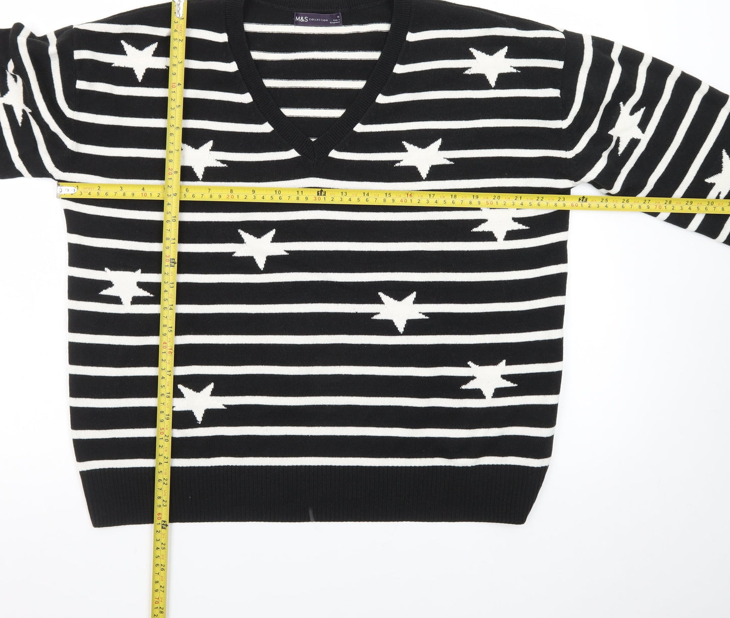 Marks and Spencer Women's Black V-Neck Star Stripe Jumper Size 16
