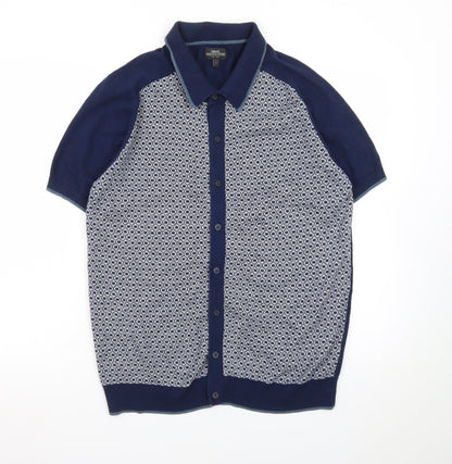 Next Men’s Blue Geometric Cotton Knit Polo Shirt Size L