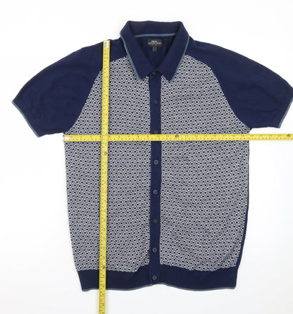 Next Men’s Blue Geometric Cotton Knit Polo Shirt Size L