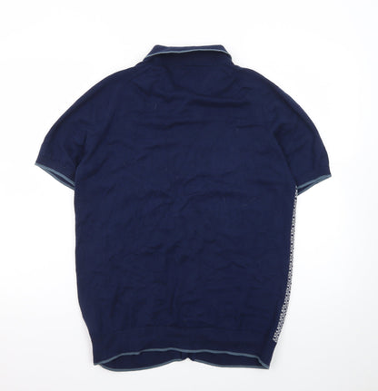 Next Men’s Blue Geometric Cotton Knit Polo Shirt Size L