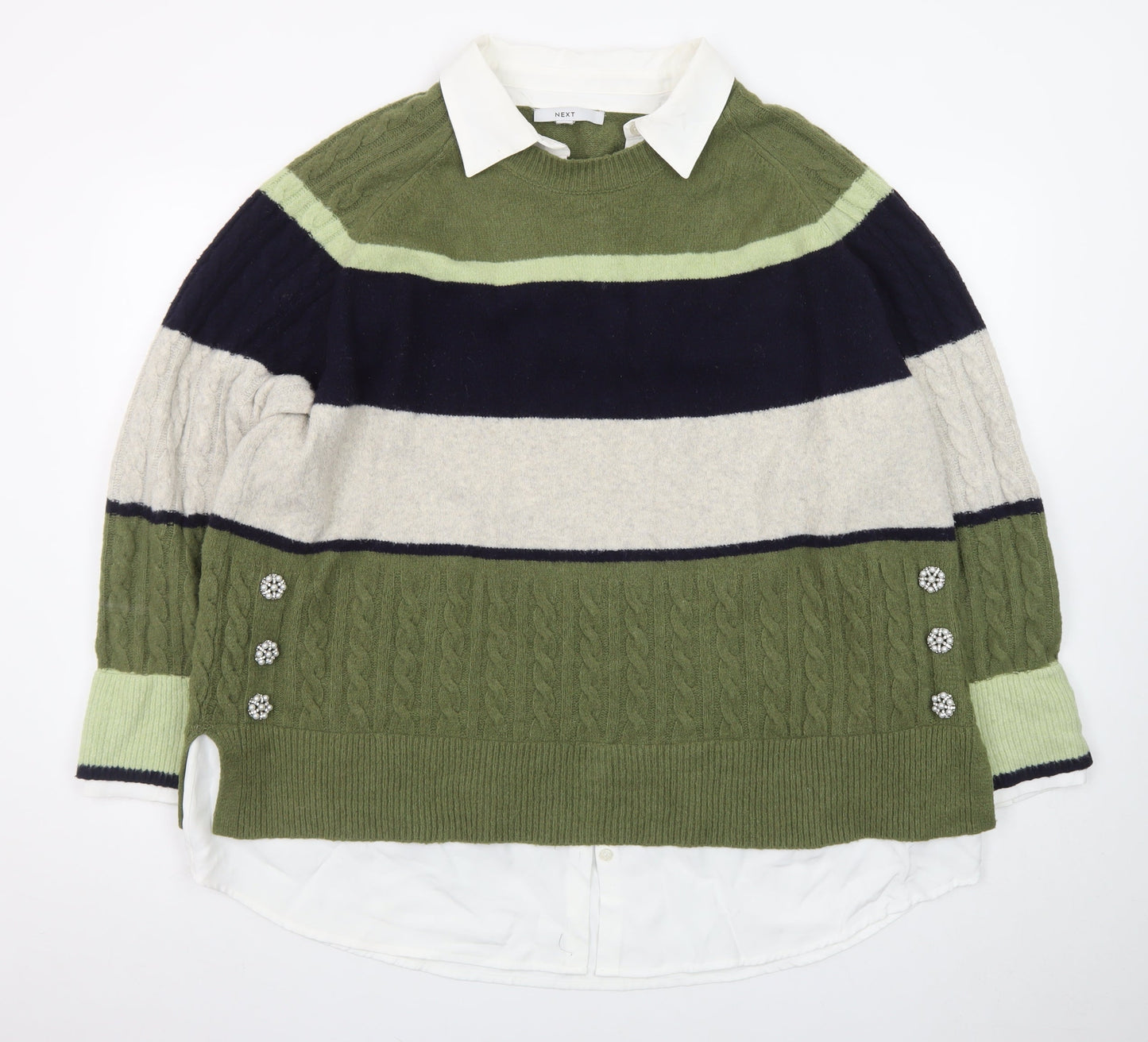 NEXT Womens Green Collared Striped Cable Knit Jumper XL