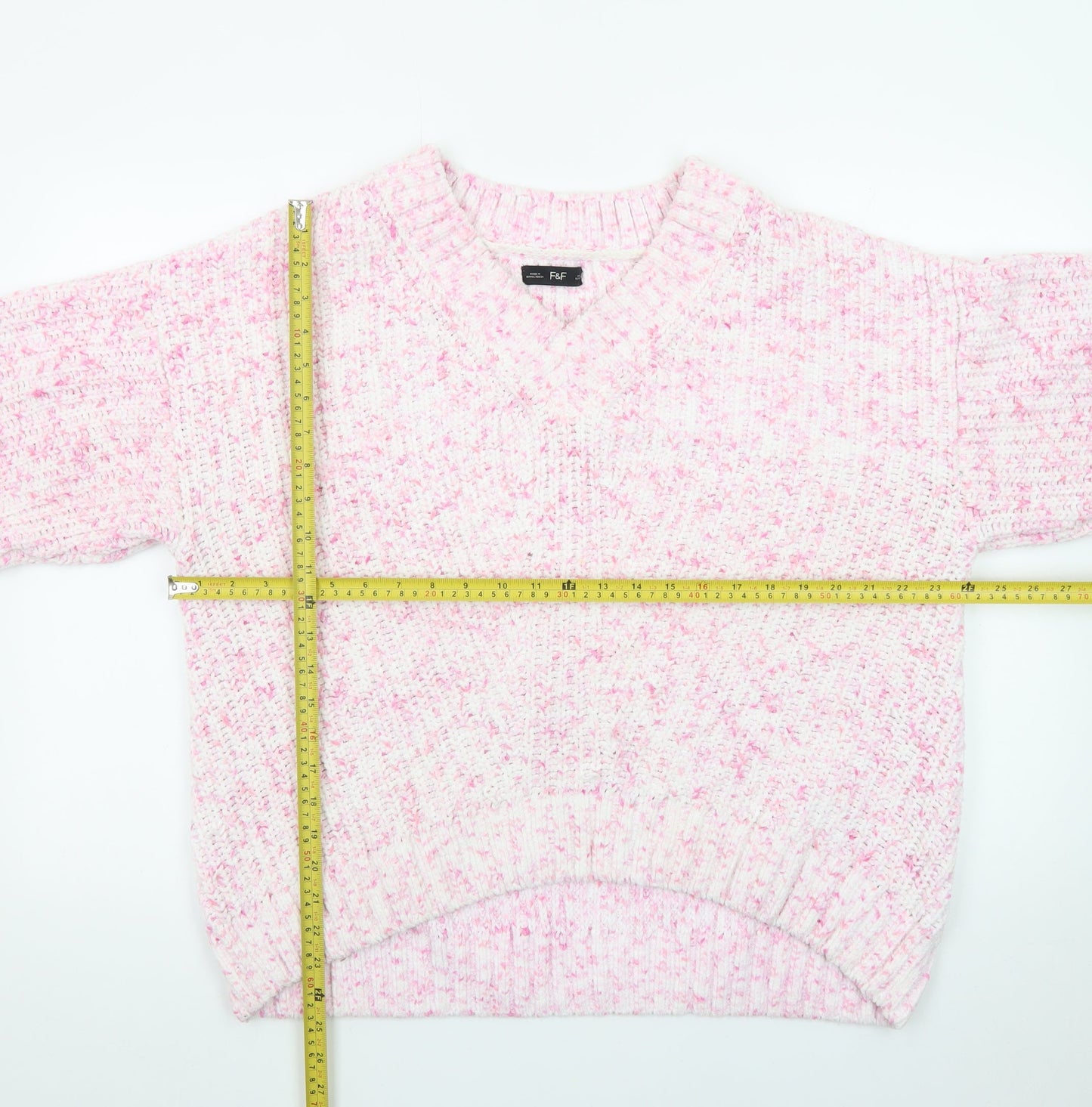 F&F Women’s Pink Chunky-Knit V-Neck Jumper Size L