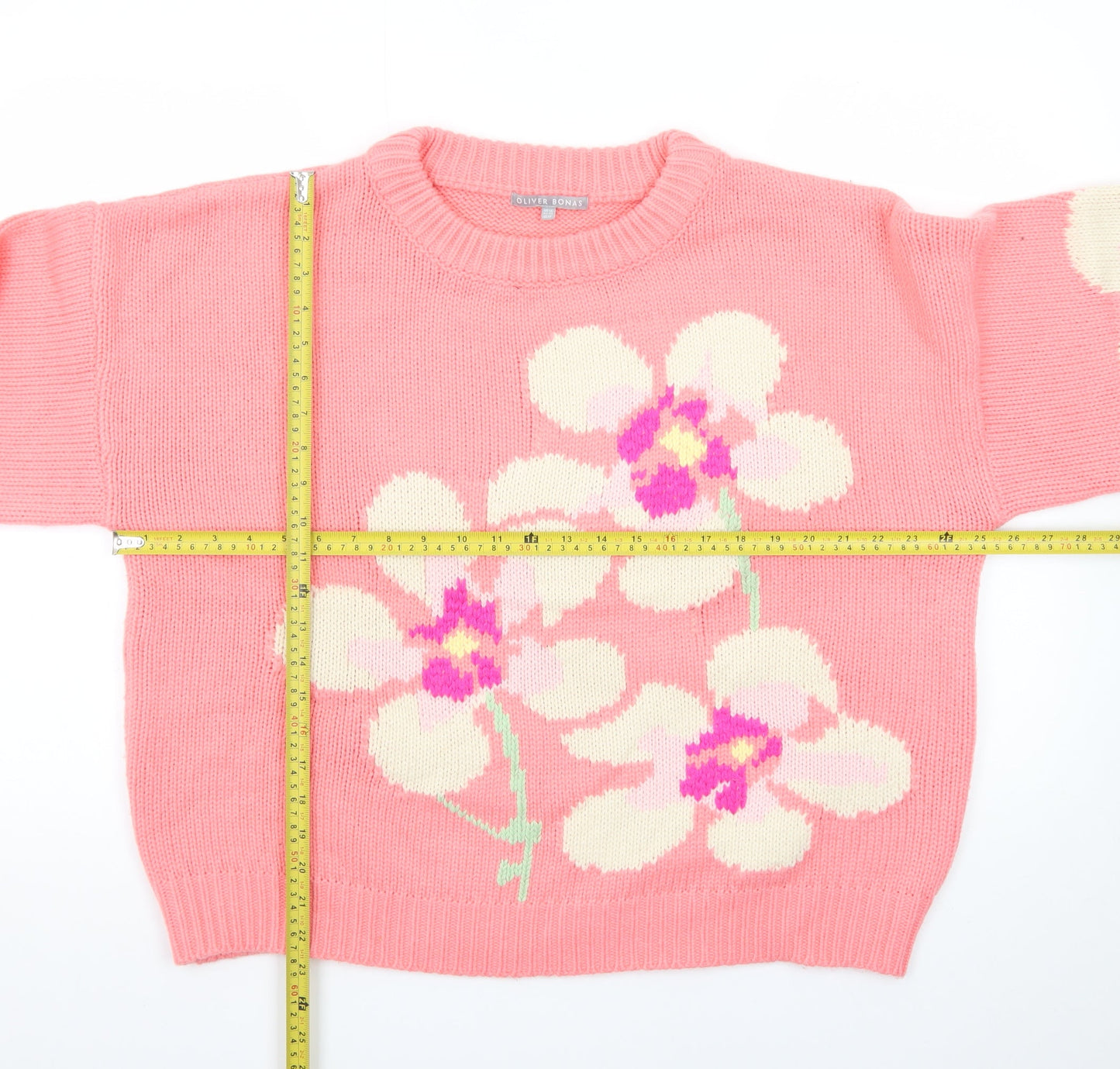 Oliver Bonas Women’s Pink Floral Knit Crew Neck Jumper Size 16
