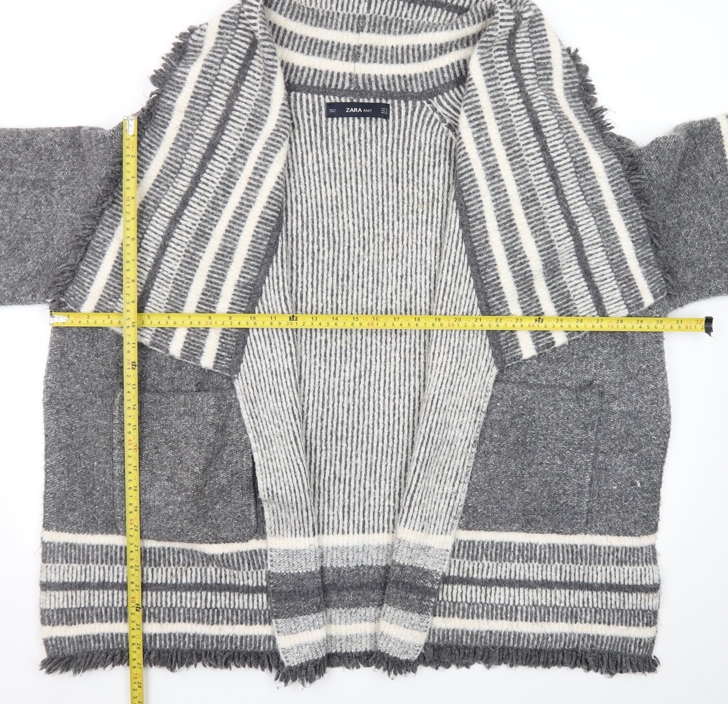 ZARA Women Grey Wool Blend Striped Knit Cardigan Size S