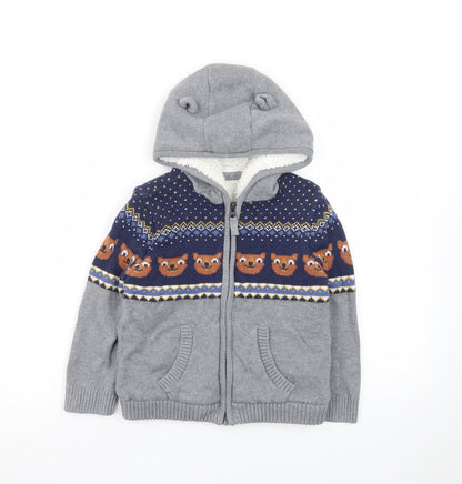 M&Co Boys Grey Full Zip Hooded Cardigan 4-5 Years Bear Fair Isle Knit