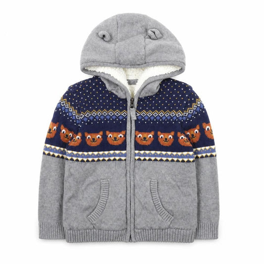 M&Co Boys Grey Full Zip Hooded Cardigan 4-5 Years Bear Fair Isle Knit