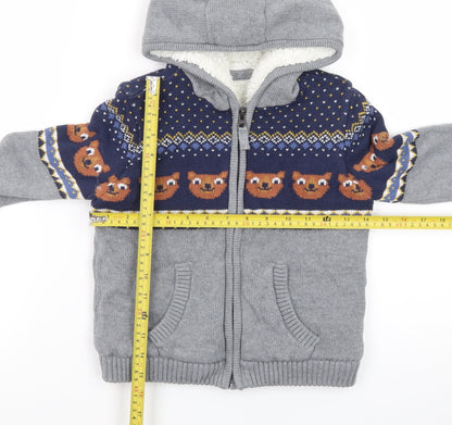 M&Co Boys Grey Full Zip Hooded Cardigan 4-5 Years Bear Fair Isle Knit