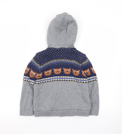 M&Co Boys Grey Full Zip Hooded Cardigan 4-5 Years Bear Fair Isle Knit