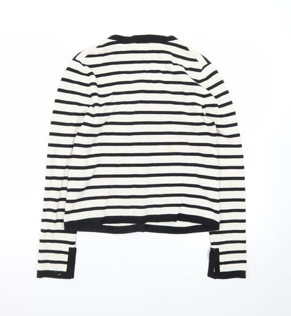 ZARA Women Black Striped Knit Cardigan Size 14 Round Neck