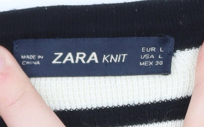 ZARA Women Black Striped Knit Cardigan Size 14 Round Neck