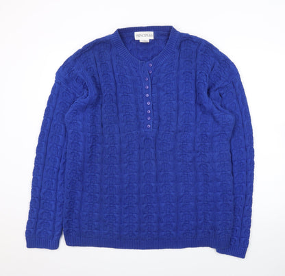Principles Women's Blue Cotton Henley Jumper L Cable Knit Classic