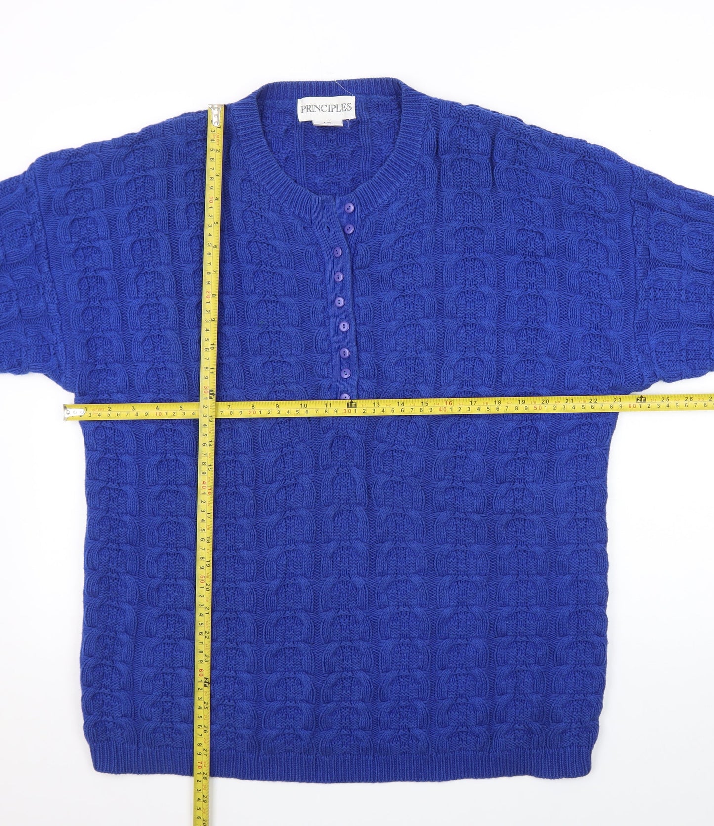 Principles Women's Blue Cotton Henley Jumper L Cable Knit Classic